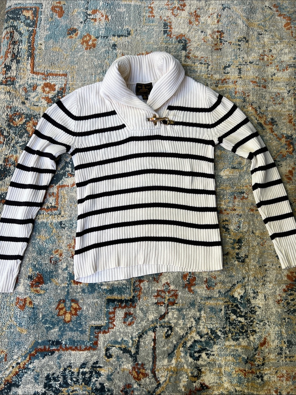 Lauren Ralph Lauren Navy/Black Striped Shawl Collar Sweater, SZ M